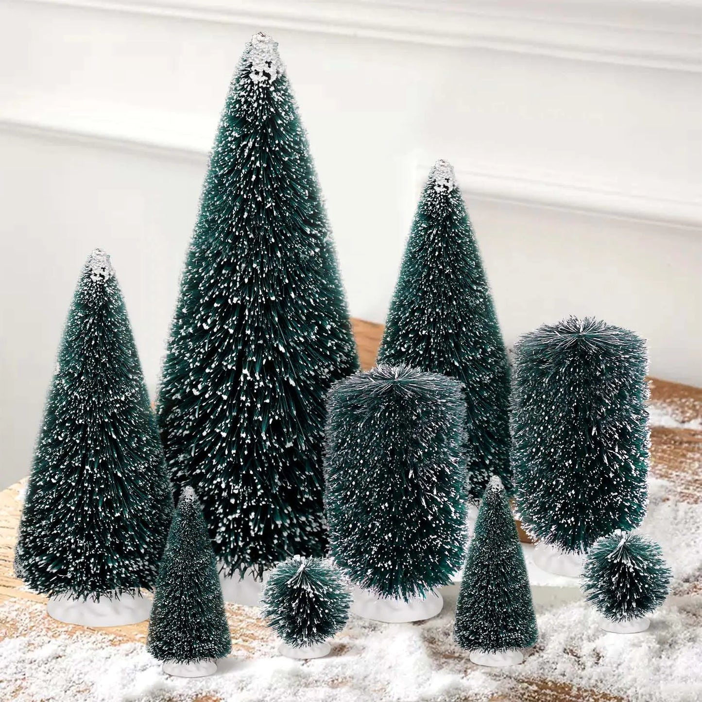 9Pcs Festive Mini Christmas Trees with Snow Decoration